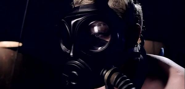  Blonde in gas mask set on wooden horse